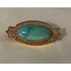 Antique 14k Gold Filigree‎ Brooch with Turquoise Stone
